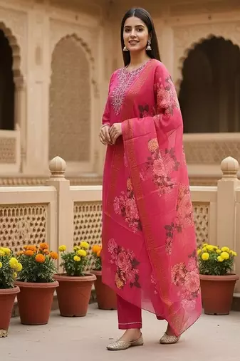 embroidered straight kurta set with pant & dupatta