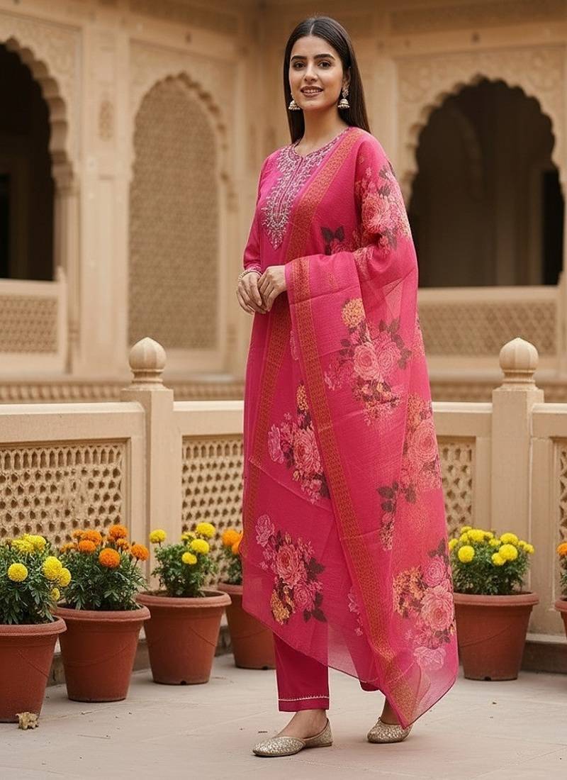 embroidered straight kurta set with pant & dupatta