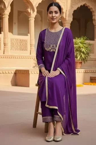 embroidered straight kurta set with pant & dupatta