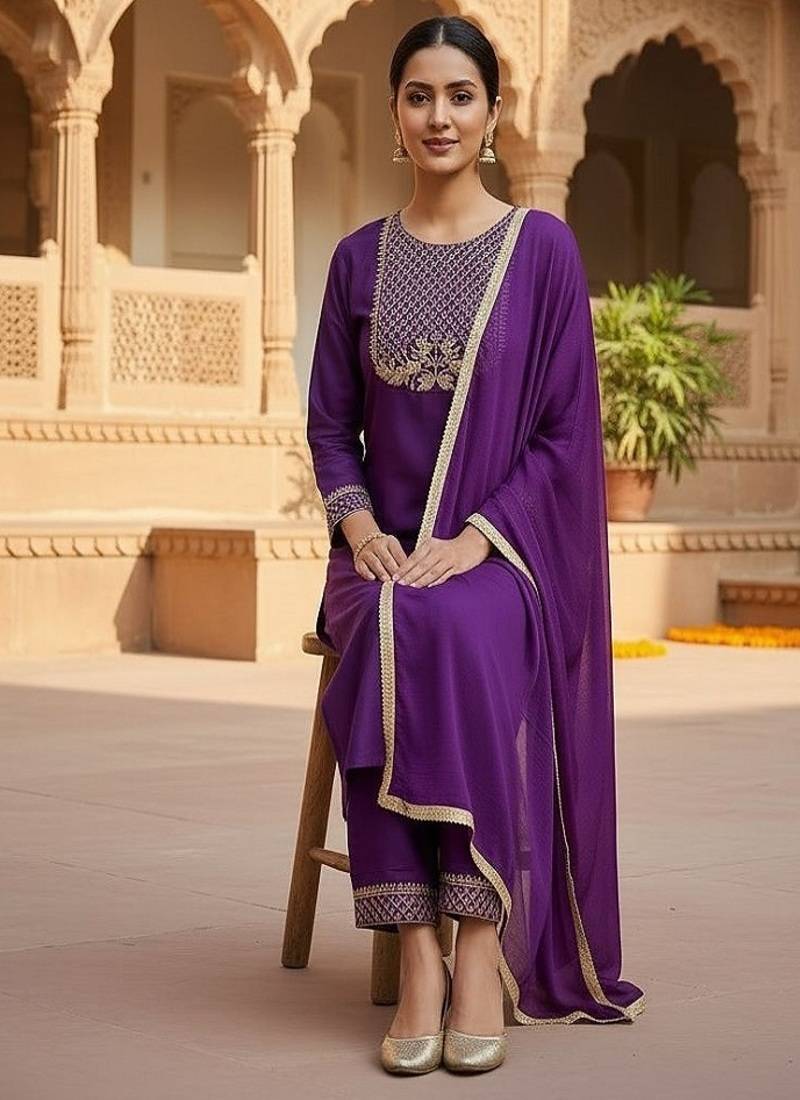 embroidered straight kurta set with pant & dupatta