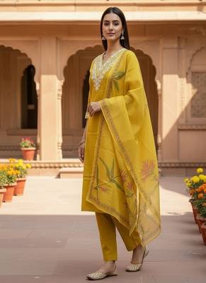 embroidered straight kurta set with pant & dupatta 4