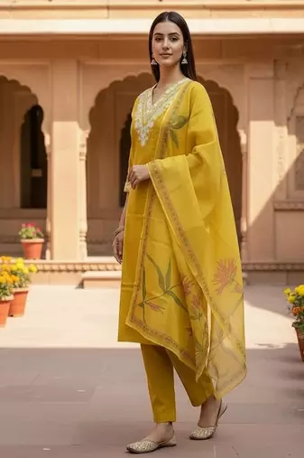 embroidered straight kurta set with pant & dupatta