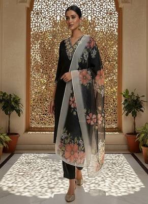 Women’s premium embroidered straight kurta set with pant & dupatta 3