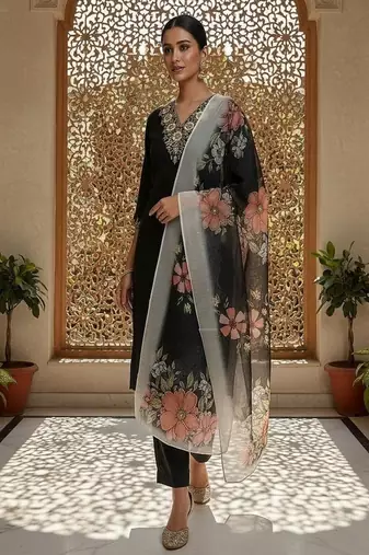 Women’s premium embroidered straight kurta set with pant & dupatta