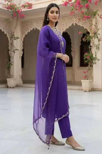 embroidered straight kurta set with pant & dupatta