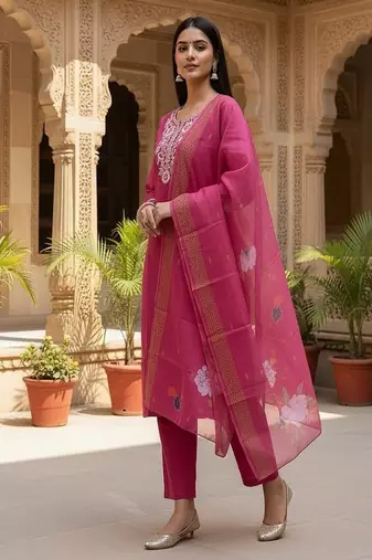 Women’s premium embroidered straight kurta set with pant & dupatta