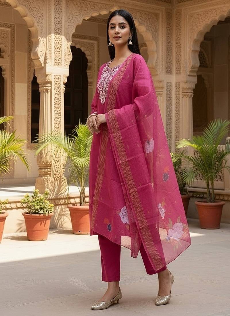 Women’s premium embroidered straight kurta set with pant & dupatta