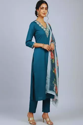 embroidered straight kurta set with pant & dupatta