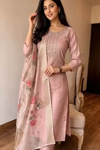 embroidered straight kurta set with pant & dupatta