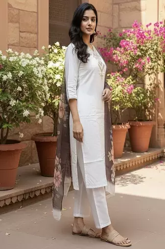 embroidered straight kurta set with pant & dupatta