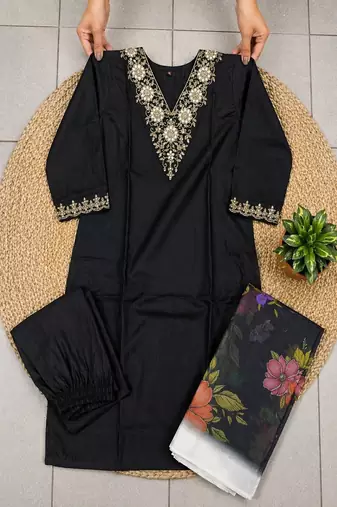 Women’s premium embroidered straight kurta set with pant & dupatta