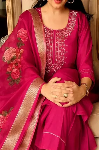 embroidered straight kurta set with pant & dupatta