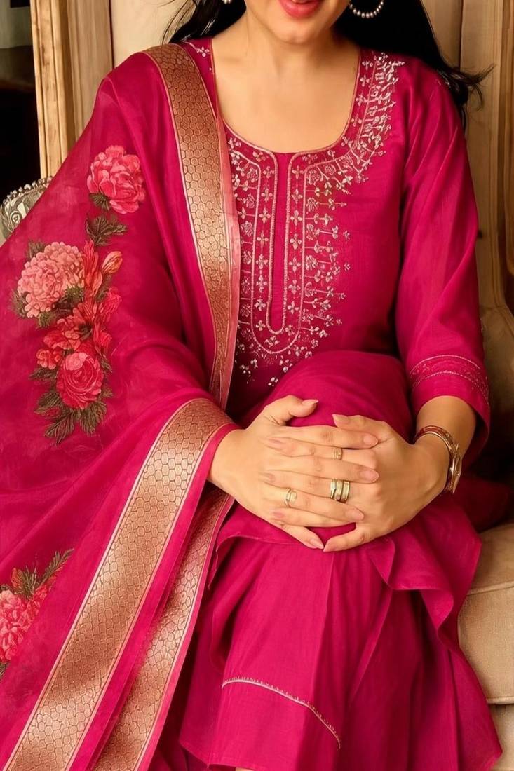 embroidered straight kurta set with pant & dupatta