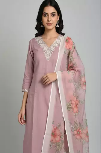 embroidered straight kurta set with pant & dupatta