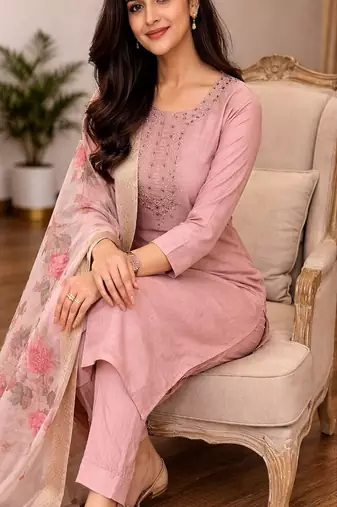 embroidered straight kurta set with pant & dupatta