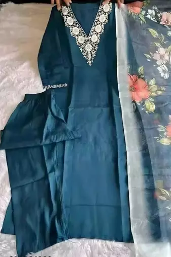 embroidered straight kurta set with pant & dupatta