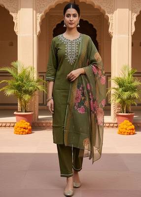 embroidered straight kurta set with pant & dupatta 1