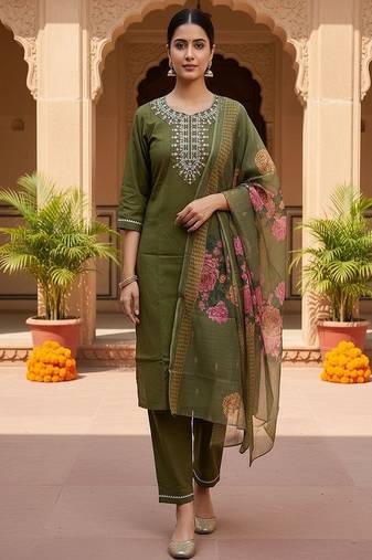 embroidered straight kurta set with pant & dupatta