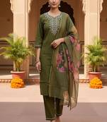 embroidered straight kurta set with pant & dupatta