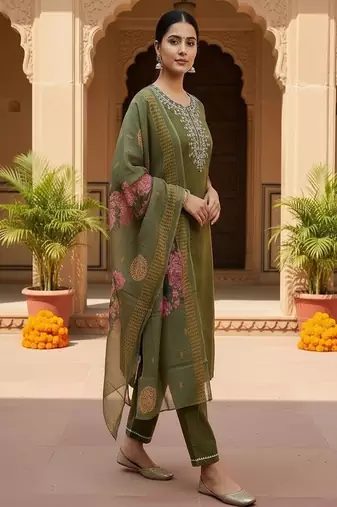 embroidered straight kurta set with pant & dupatta