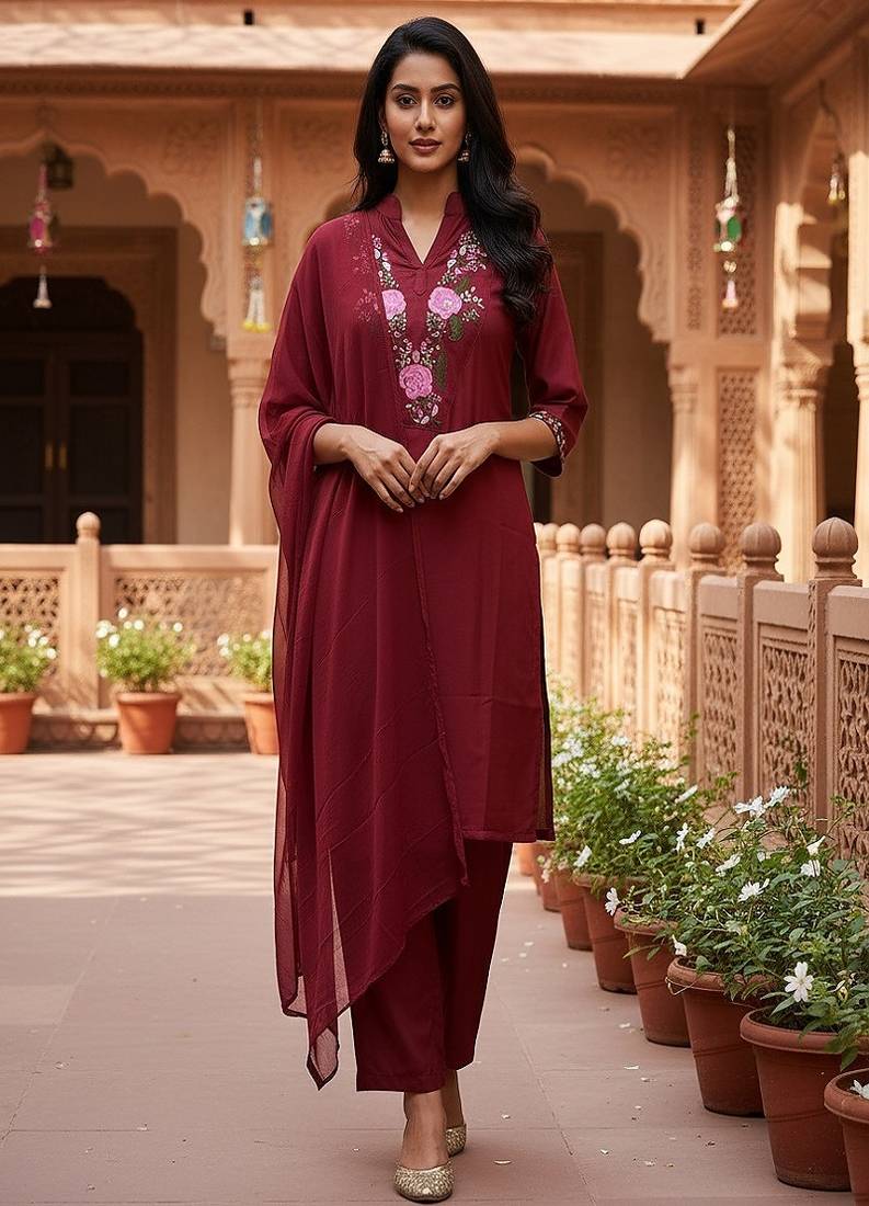 embroidered straight kurta set with pant & dupatta