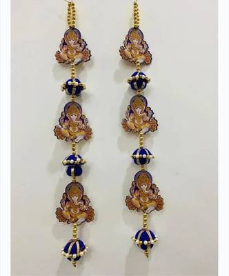handmade lord ganesha door hanging decorative wall hanging blue pearl latkan toran for home decor (pack of 2) 1