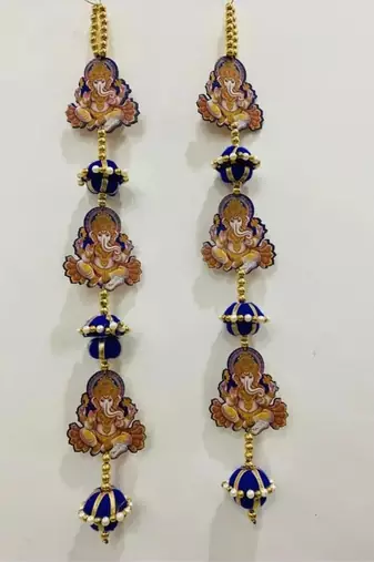 handmade lord ganesha door hanging decorative wall hanging blue pearl latkan toran for home decor (pack of 2)