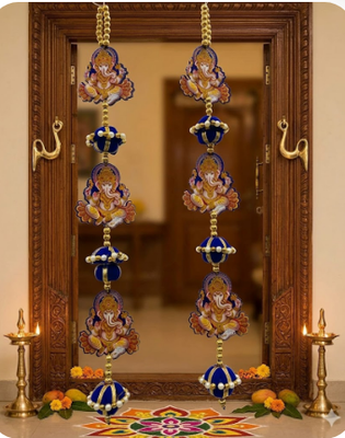 handmade lord ganesha door hanging decorative wall hanging blue pearl latkan toran for home decor (pack of 2) 2