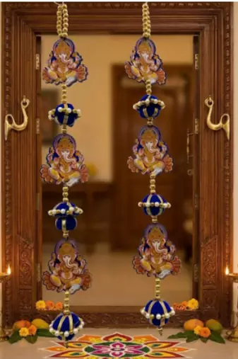 handmade lord ganesha door hanging decorative wall hanging blue pearl latkan toran for home decor (pack of 2)