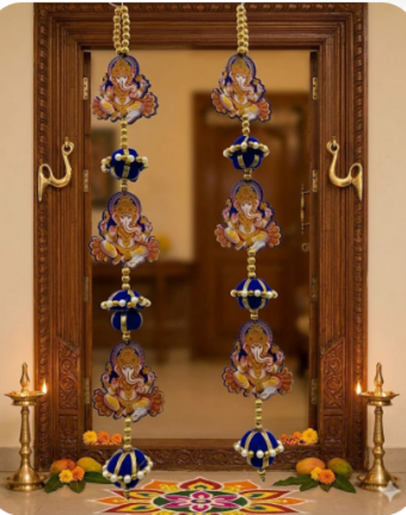 handmade lord ganesha door hanging decorative wall hanging blue pearl latkan toran for home decor (pack of 2)