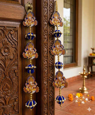handmade lord ganesha door hanging decorative wall hanging blue pearl latkan toran for home decor (pack of 2) 3