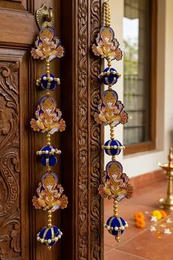 handmade lord ganesha door hanging decorative wall hanging blue pearl latkan toran for home decor (pack of 2)