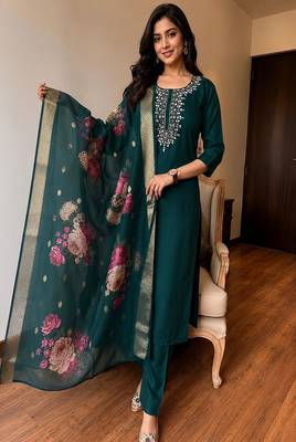 Women’s premium embroidered straight kurta set with pant & dupatta 1