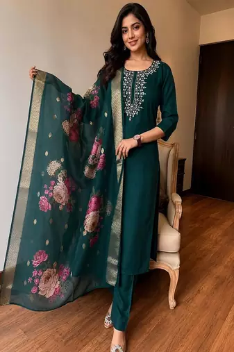 Women’s premium embroidered straight kurta set with pant & dupatta