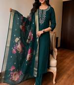 Women’s premium embroidered straight kurta set with pant & dupatta