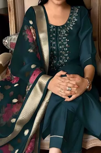Women’s premium embroidered straight kurta set with pant & dupatta
