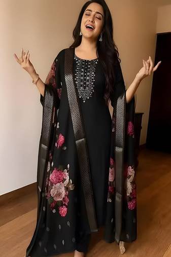 embroidered straight kurta set with pant & dupatta