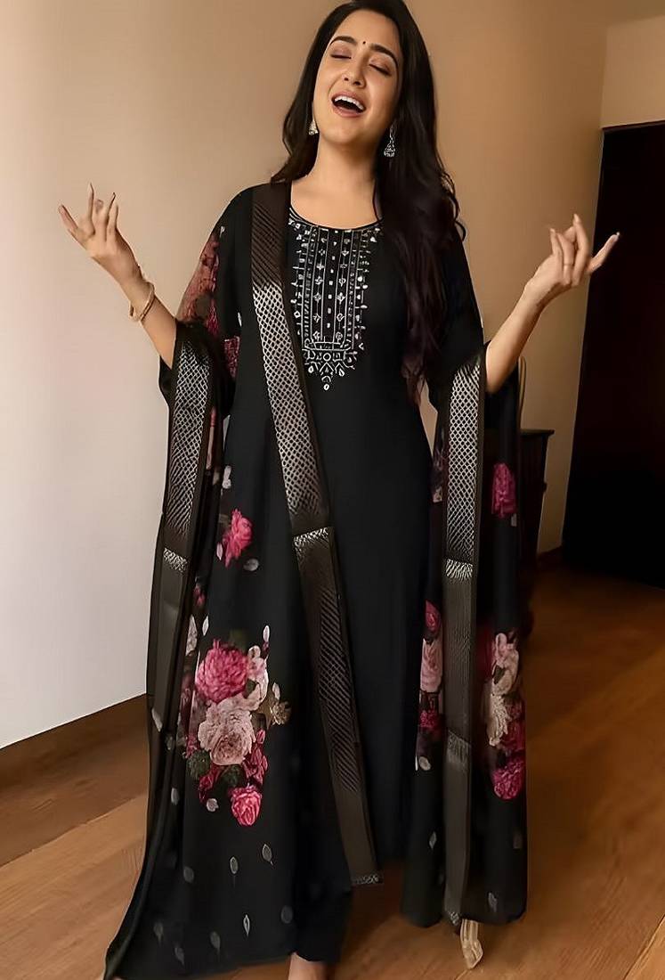 embroidered straight kurta set with pant & dupatta