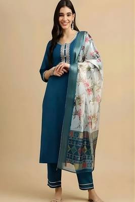 embroidered straight kurta set with pant & dupatta 1