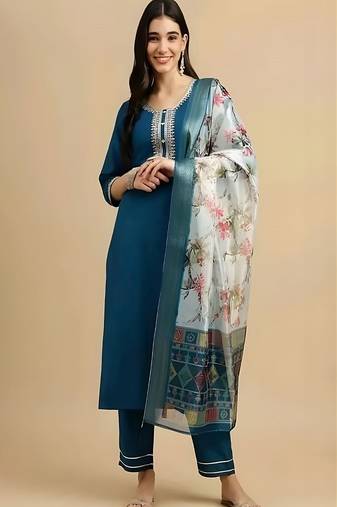 embroidered straight kurta set with pant & dupatta
