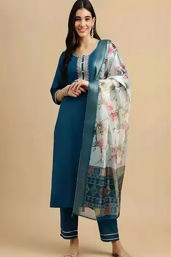 embroidered straight kurta set with pant & dupatta