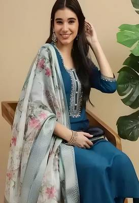 embroidered straight kurta set with pant & dupatta 4