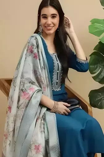 embroidered straight kurta set with pant & dupatta