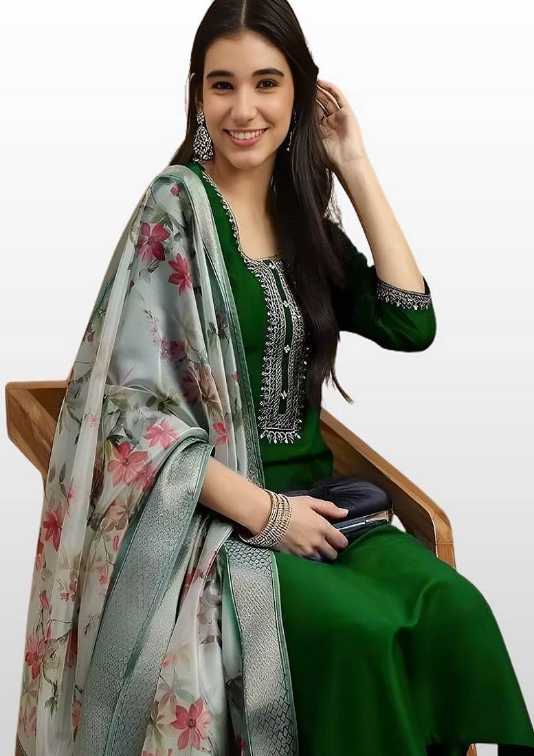 Women’s premium embroidered straight kurta set with pant & dupatta
