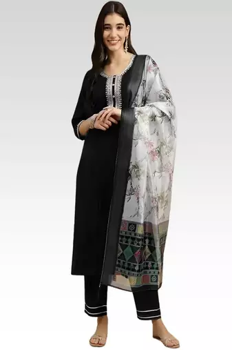 embroidered straight kurta set with pant & dupatta
