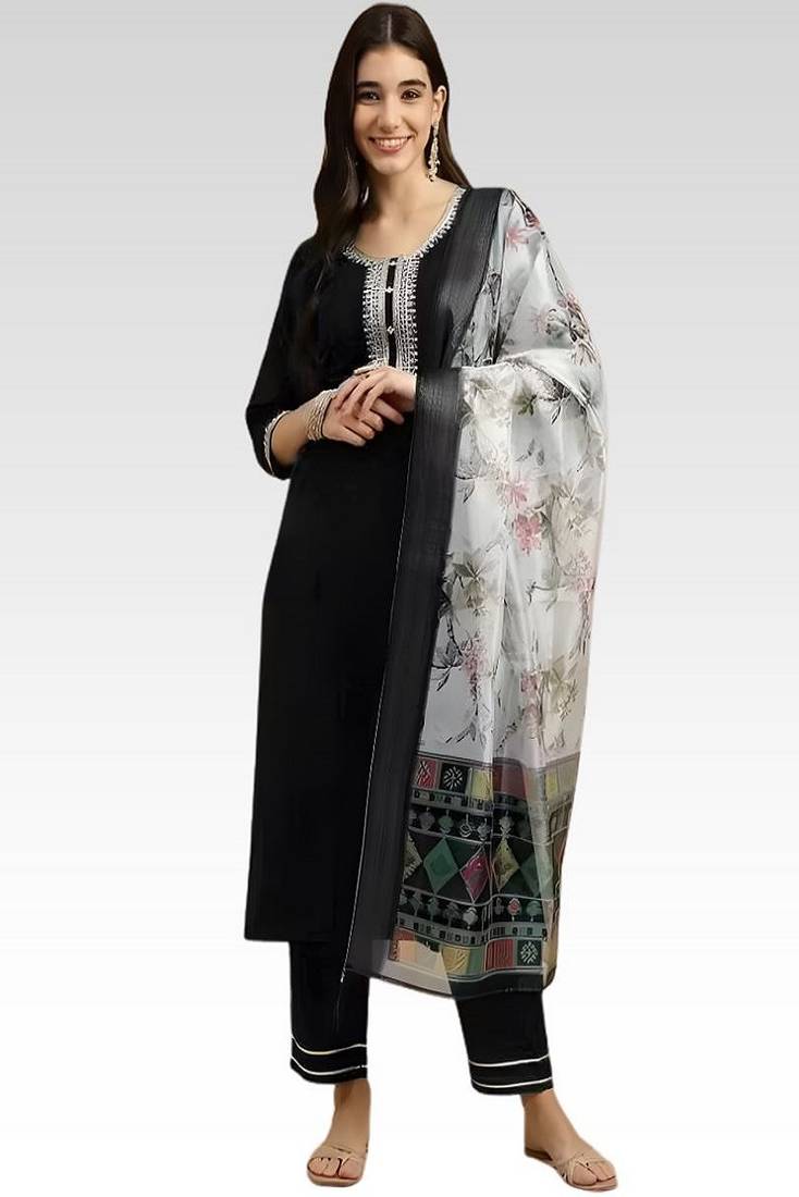 embroidered straight kurta set with pant & dupatta