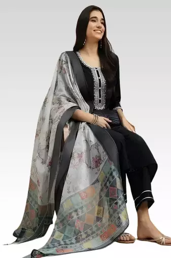 embroidered straight kurta set with pant & dupatta