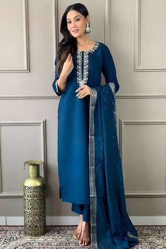 embroidered straight kurta set with pant & dupatta