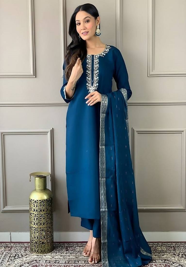 embroidered straight kurta set with pant & dupatta