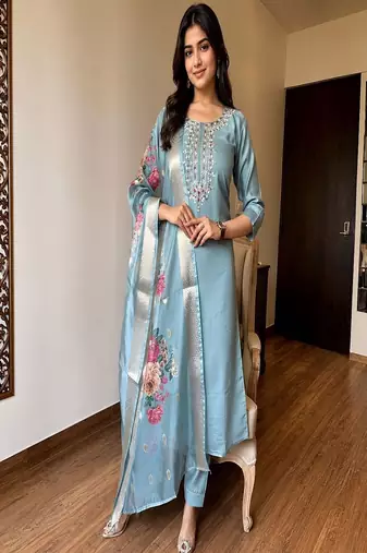 embroidered straight kurta set with pant & dupatta